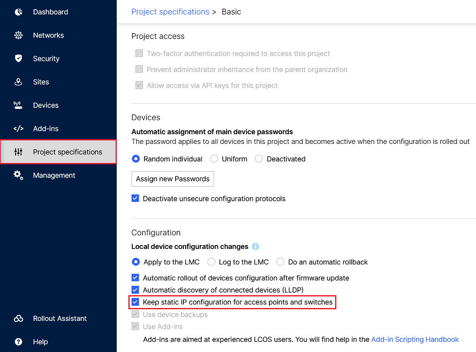 Allow to keep static IP parameters for access points and switches in the Project specifications in the LMC