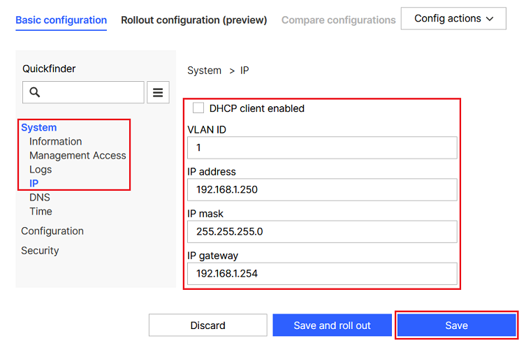 Enter the IPv4 address for the switch and the IPv4 address of the gateway