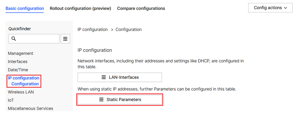 Open the menu Static Parameters in the Detail configuration of the access point