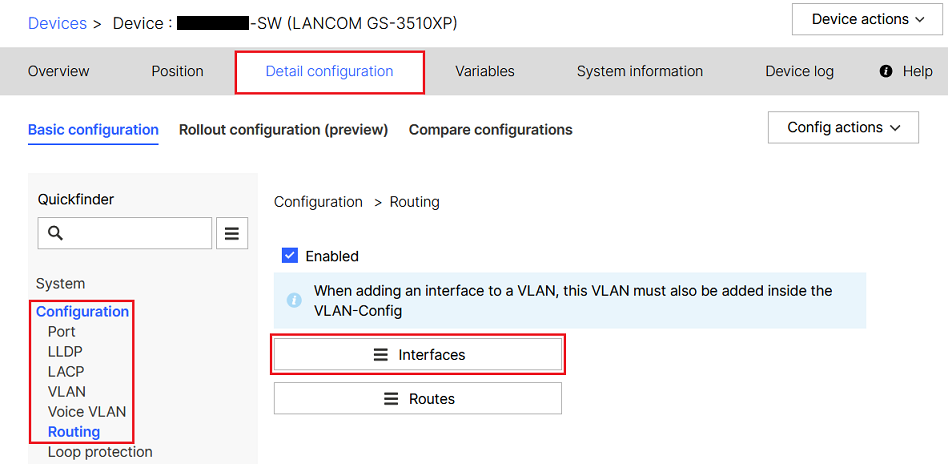 Open the menu Interfaces in the Detail configuration of the switch