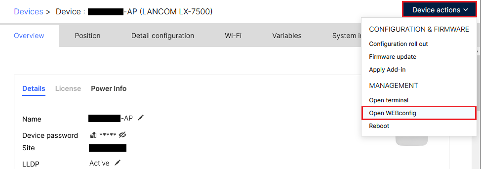 Start a WEBconfig session on the access point