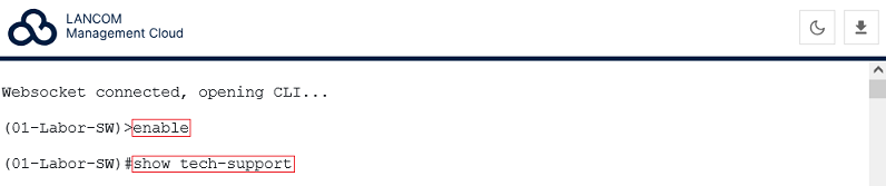Gain extended rights (only necessary on switches with LCOS SX 5.xx) and read out the Technical-Support log
