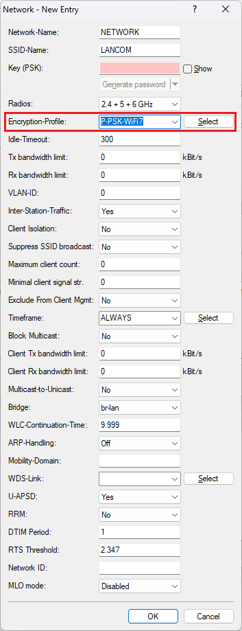 Assign the encryption profile for Wi-Fi 7 to a WLAN network