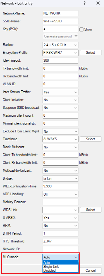 Modify the MLO mode in a WLAN network on the access point via LANconfig