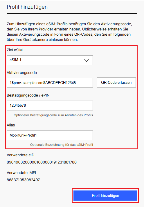 Parameter für den Download des eSIM-Profils angeben