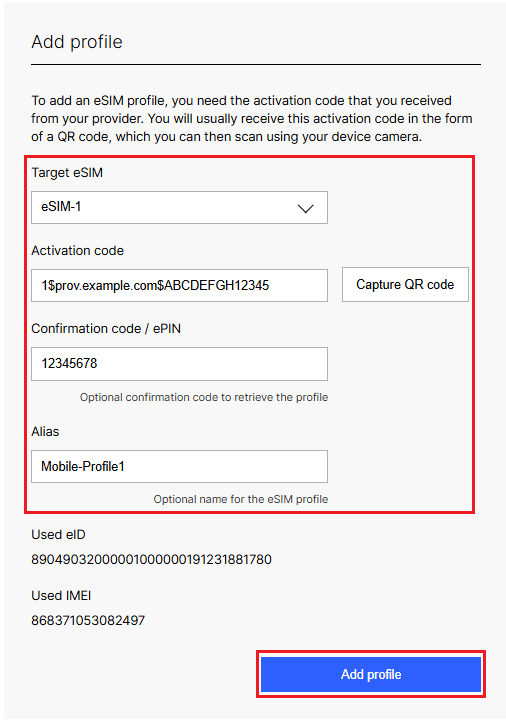 Enter the parameters for download of the eSIM profile