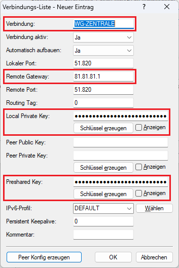 Parameter für die WireGuard-Verbindung zur Zentrale angeben und Private Key sowie Preshared Key generieren