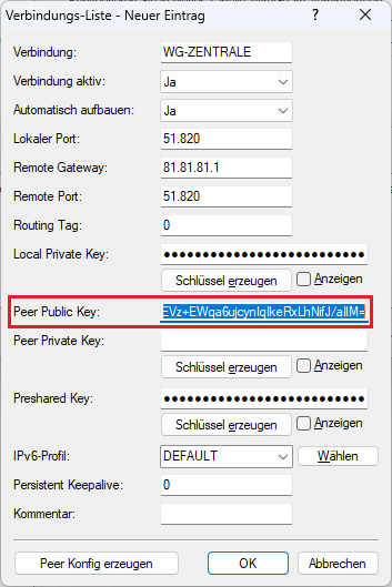 Public Key von dem Router in der Zentrale einfügen