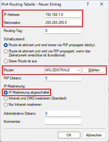 Parameter für den Routing-Eintrag für die WireGuard-Verbindung zum Router in der Zentrale angeben