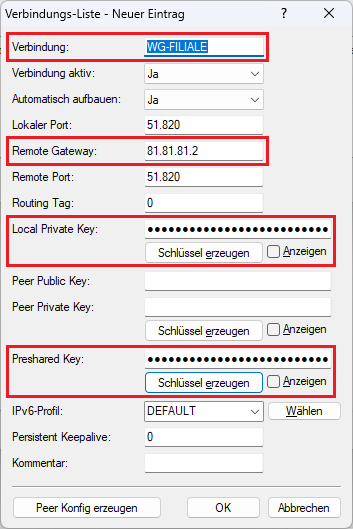 Parameter für die WireGuard-Verbindung zur Filiale angeben und Private Key sowie Preshared Key generieren