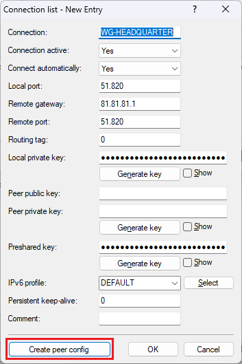 Open the menu for ceating the WireGuard peer configuration in the WireGuard connection list on the router in the office