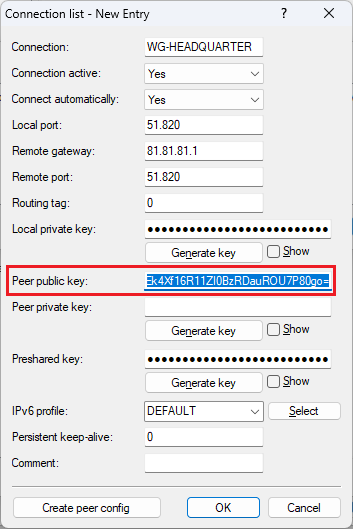 Enter the Public Key of the router in the headquarter in the WireGuard connection on the router in the office