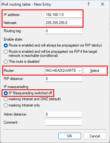 Enter the parameters for the routing entry for the WireGuard connection to the headquarter