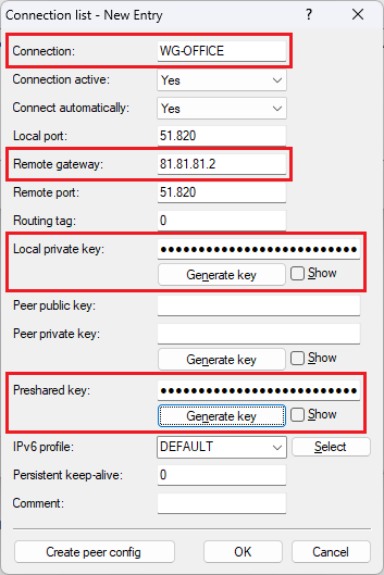 Enter the parameters and generate the Private Key and Preshared Key for the WireGuard connection to the router in the office