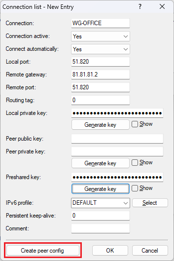 Open the menu for ceating the WireGuard peer configuration in the WireGuard connection list on the router in the headquarter
