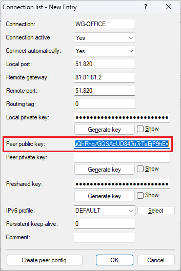 Enter the Public Key of the router in the office in the WireGuard connection on the router in the headquarter