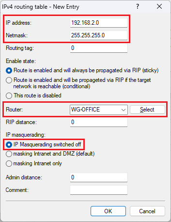 Enter the parameters for the routing entry for the WireGuard connection to the office
