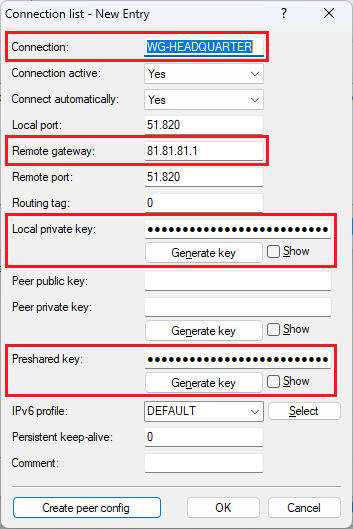 Enter the parameters and generate the Private Key and enter the Preshared Key for the WireGuard connection to the router in the headquarter