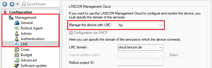 Deactivate the LMC client on a device with LCOS via LANconfig