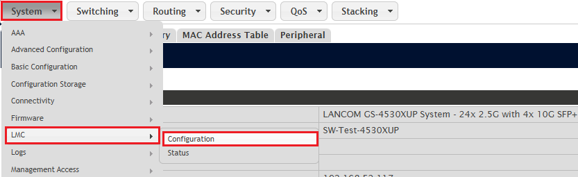Open the menu for LMC configuration on a switch with LCOS SX 5.xx via the webinterface