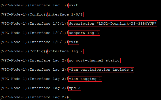 Create a new Link Aggregation Group on the downlink port, allow VLAN 1 and create a new VPC domain on the VPC-Node-1 via the CLI