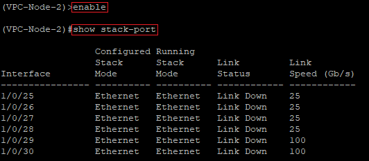 Gain extended rights on the VPC-Node-2 after the restart and check the port change via the CLI
