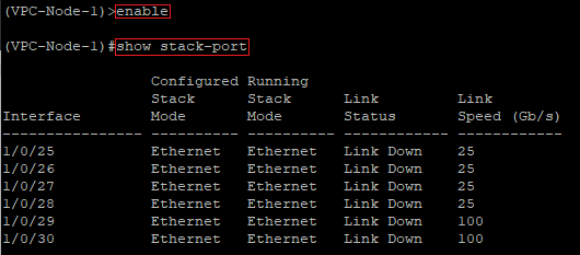 Gain extended rights on the VPC-Node-1 after the restart and check the port change via the CLI