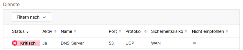 Warnmeldung zum DNS-Server im Abschnitt Dienste in der Geräte-Übersicht eines Routers in der LMC
