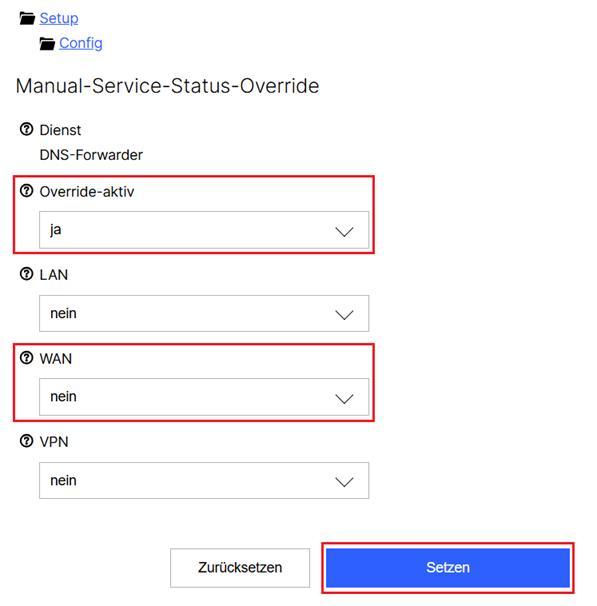 Override für den Zugriff vom WAN für den DNS-Forwarder aktivieren