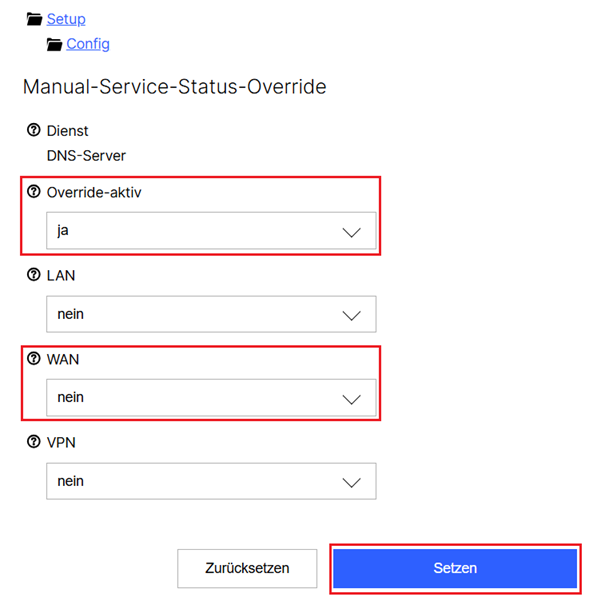 Override für den Zugriff vom WAN für den DNS-Server aktivieren