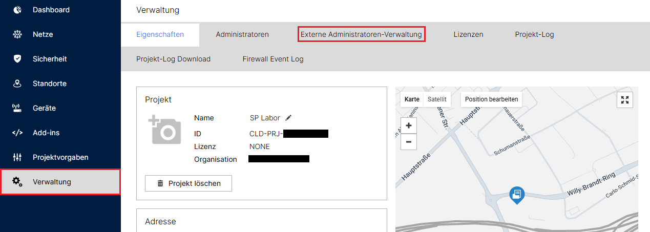 Menü Externe Administratoren-Verwaltung in der LMC aufrufen
