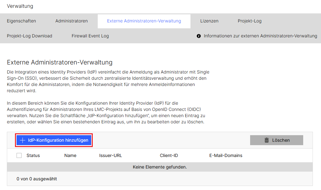 Konfiguration für einen Identity Provider in der LMC hinzufügen