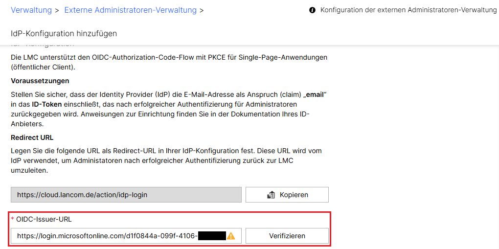 Link des in Entra kopierten OpenID Connect-Metadatendokuments als OIDC-Issue-URL einfügen und Link verifizieren
