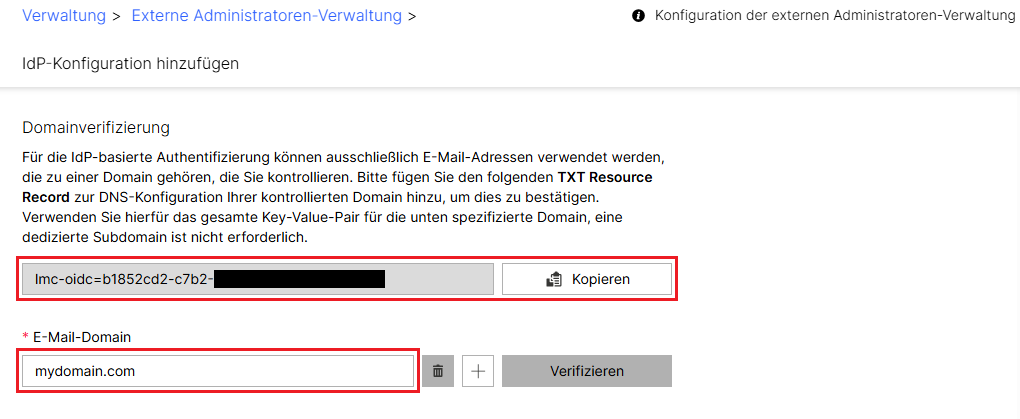 TXT Ressource Record kopieren und E-Mail-Domain angeben
