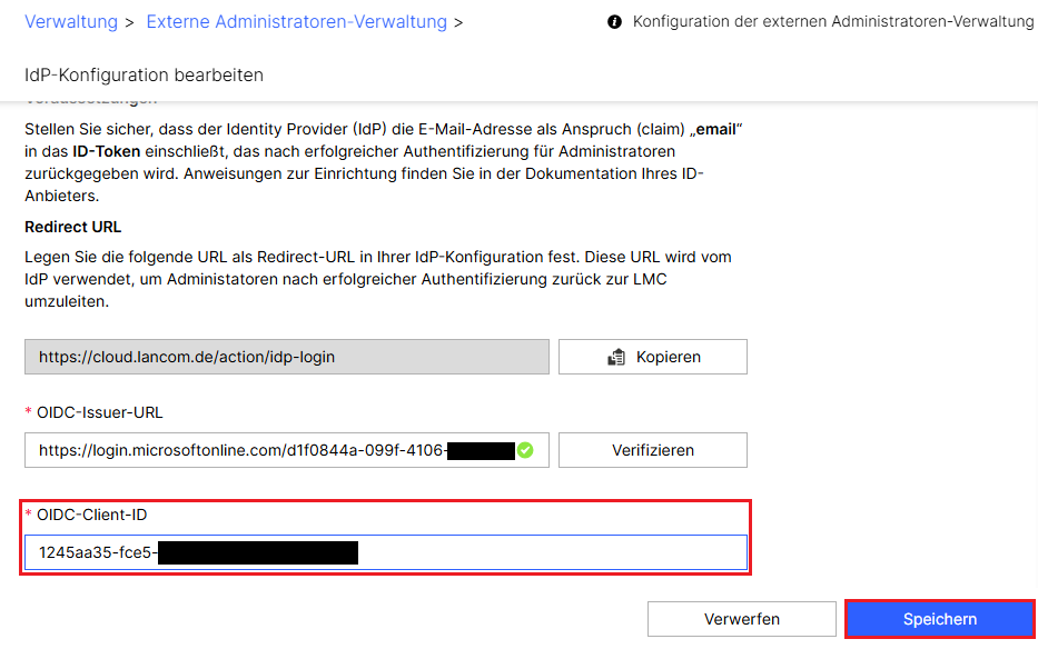 In Entra kopierte Anwendungs-ID als OIDC-Client angeben