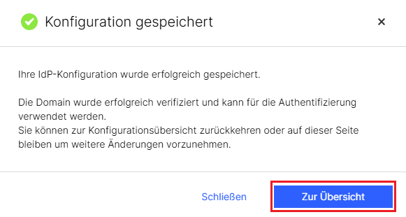 Nach erfolgter Speicherung der IdP-Konfiguration zurück in die Übersicht der Externen Administratoren-Verwaltung wechseln