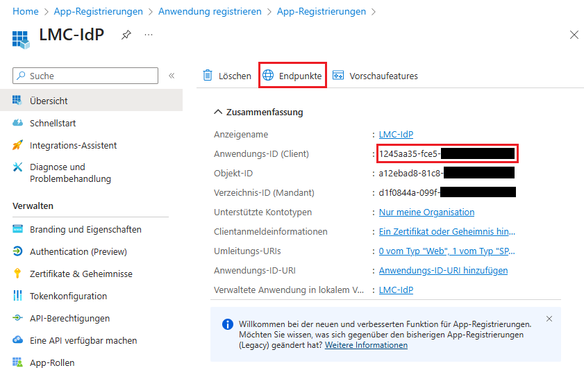 Anwendungs-ID der registrierten App kopieren und das Menü Endpunkte aufrufen