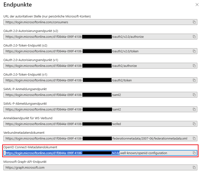 Link des OpenID Connect-Metadatendokuments kopieren