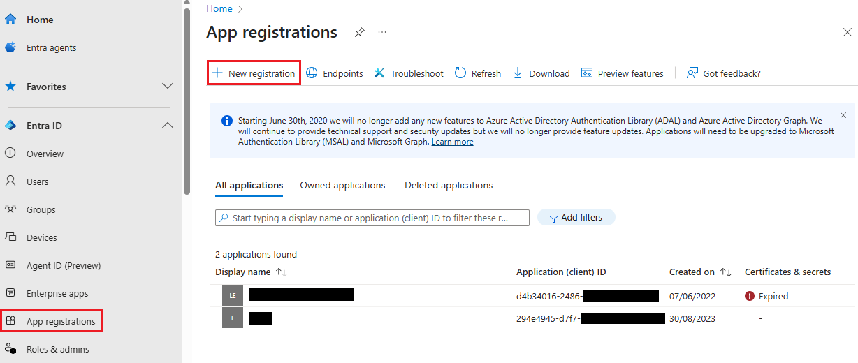 Add a new app registration in Entra