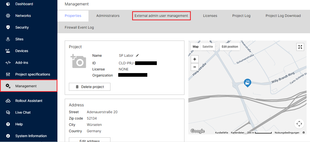 Open the menu External admin user management in the LMC
