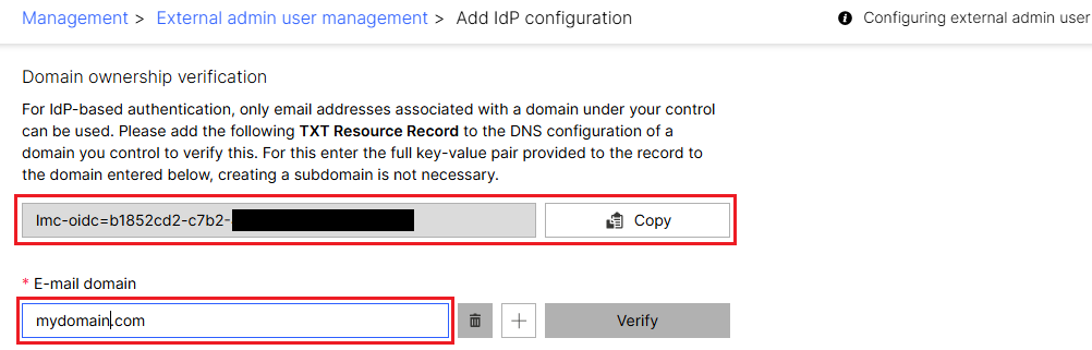 Copy the TXT Resource Record and enter your E-mail domain