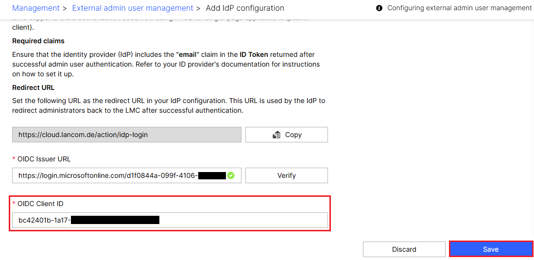 Enter the OIDC Client ID and save the IdP configuration