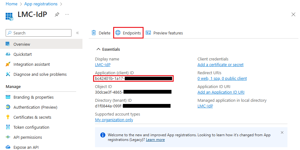 Copy the Application ID of the created app and open the Endpoints page