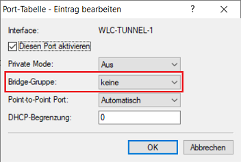 Interface WLC-Tunnel-1 ohne zugewiesene Bridge-Gruppe