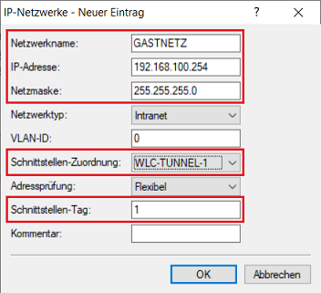 IP-Parameter für das Gast-Netzwerk angeben