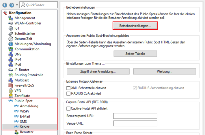 Menü Betriebeinstellungen im Public Spot auf dem WLAN-Controller aufrufen