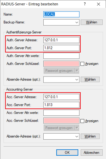 Standard-Eintrag für RADIUS- und Accounting-Server kontrollieren