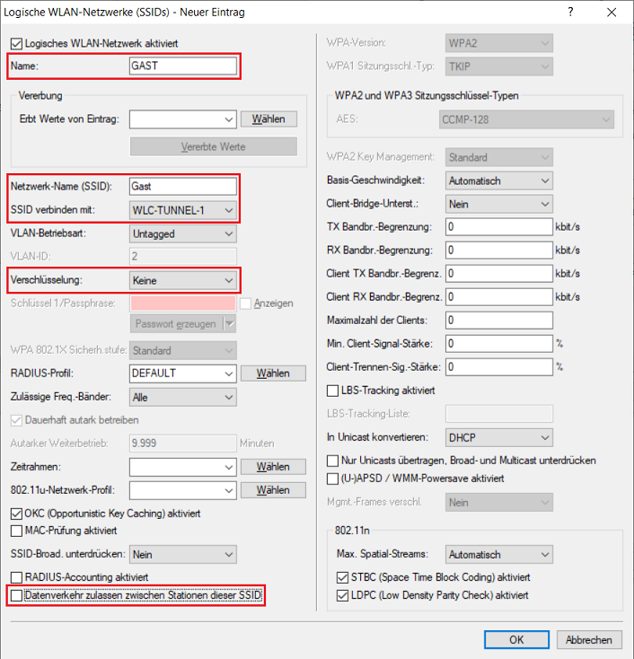 Logisches WLAN-Profil für das Gast-Netzwerk mit dem Modus WLC-Tunnel erstellen