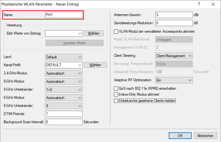 Physkalisches WLAN-Profil mit Standard-Einstellungen anlegen