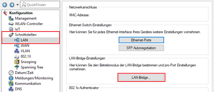 Menü LAN-Bridge im WLAN-Controller öffnen